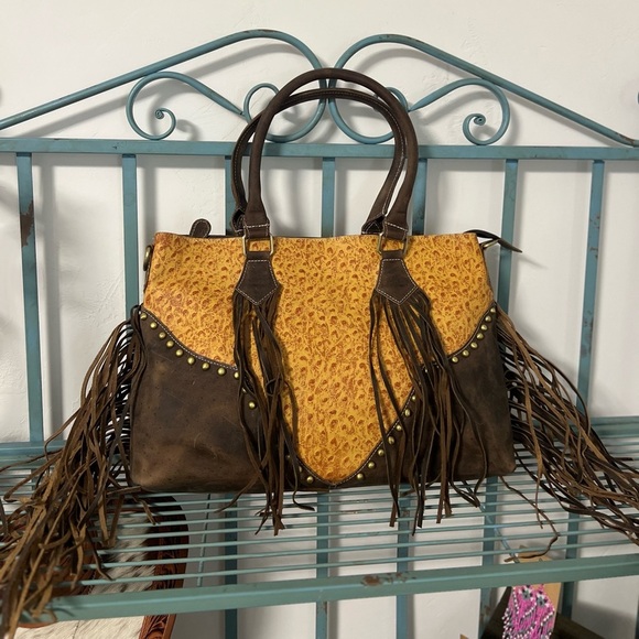 New Fall Western Genuine Ostrich Embossed Leather Rustic Crazy Horse Bag Fringe - Picture 13 of 16